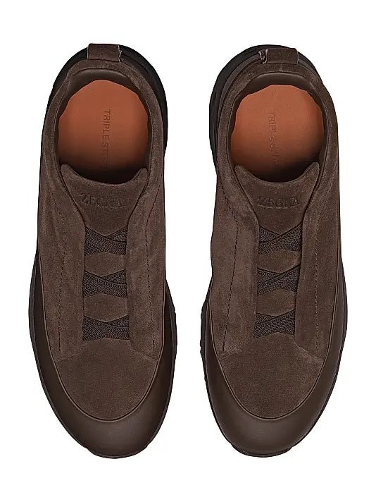 ZEGNA Triple Stitch – Sneakers Slip-On en Daim Marron Foncé